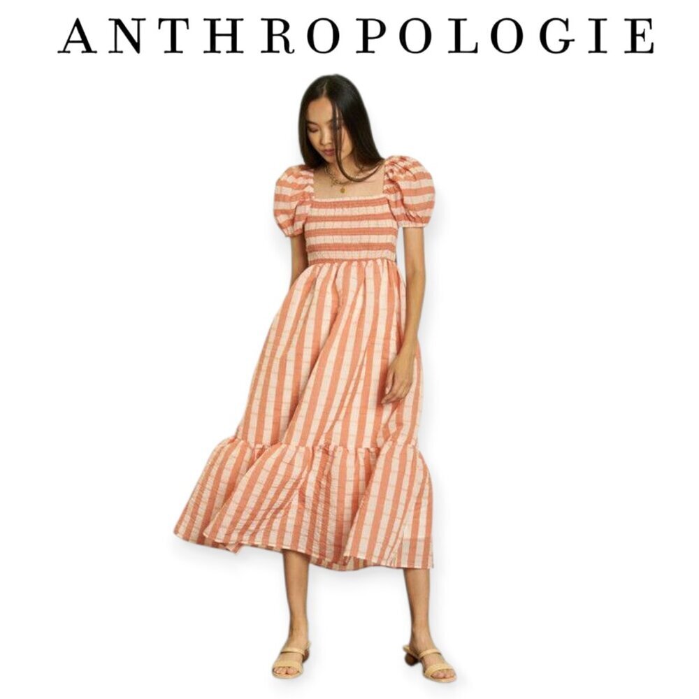 DRA Puff Sleeve Lined Dress in Peach Stripes, Square Neck, Smocked Bodice, S